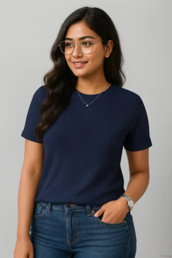 Premium Quality RIB T-shirt for Women - Navy Blue