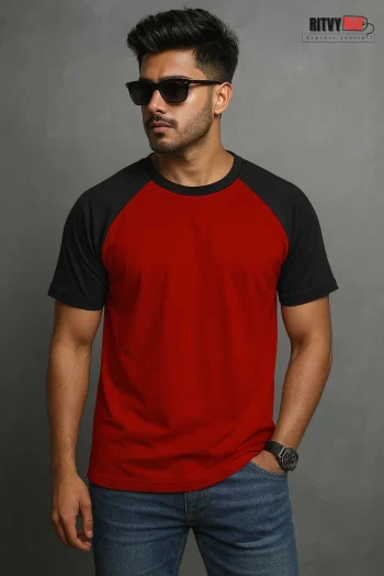Raglan Half Sleeve T-shirt - Red & Black