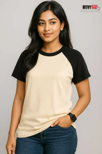 Raglan Half Sleeve T-shirt for Women - Beige & Black
