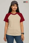 Raglan Half Sleeve T-shirt for Women - Beige & Maroon