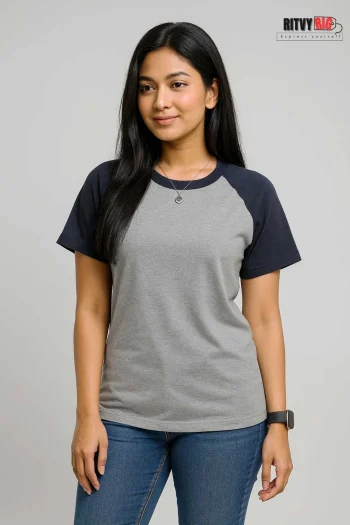 Raglan Half Sleeve T-shirt for Women - Silver & Navy Blue