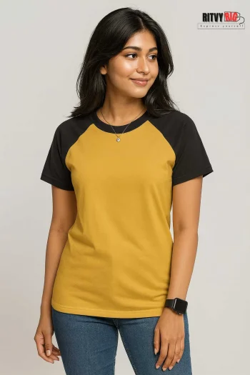 Raglan Half Sleeve T-shirt for Women - Yellow & Black