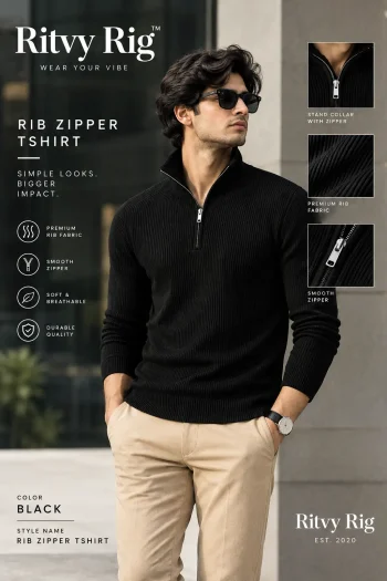 Premium Zipper Rib Thermal Tee - Black