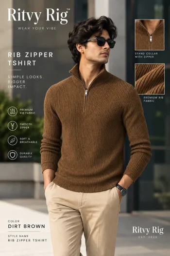 Premium Zipper Rib Thermal Tee - Dirt Brown