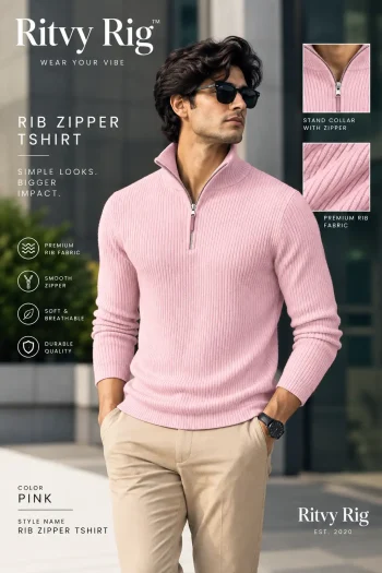 Premium Zipper Rib Thermal Tee - Pink