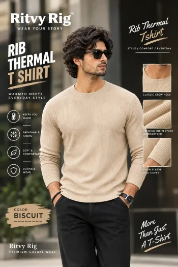 Premium Quality RIB Full Sleeve T-shirt - Biscuit