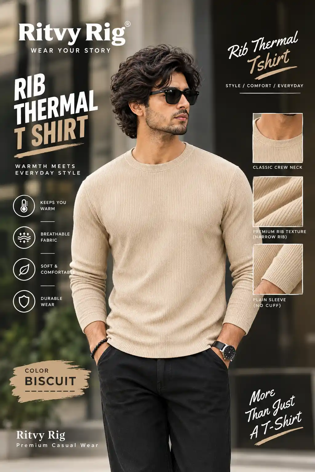 Rib Full Sleeve Tshirt- Biscuit