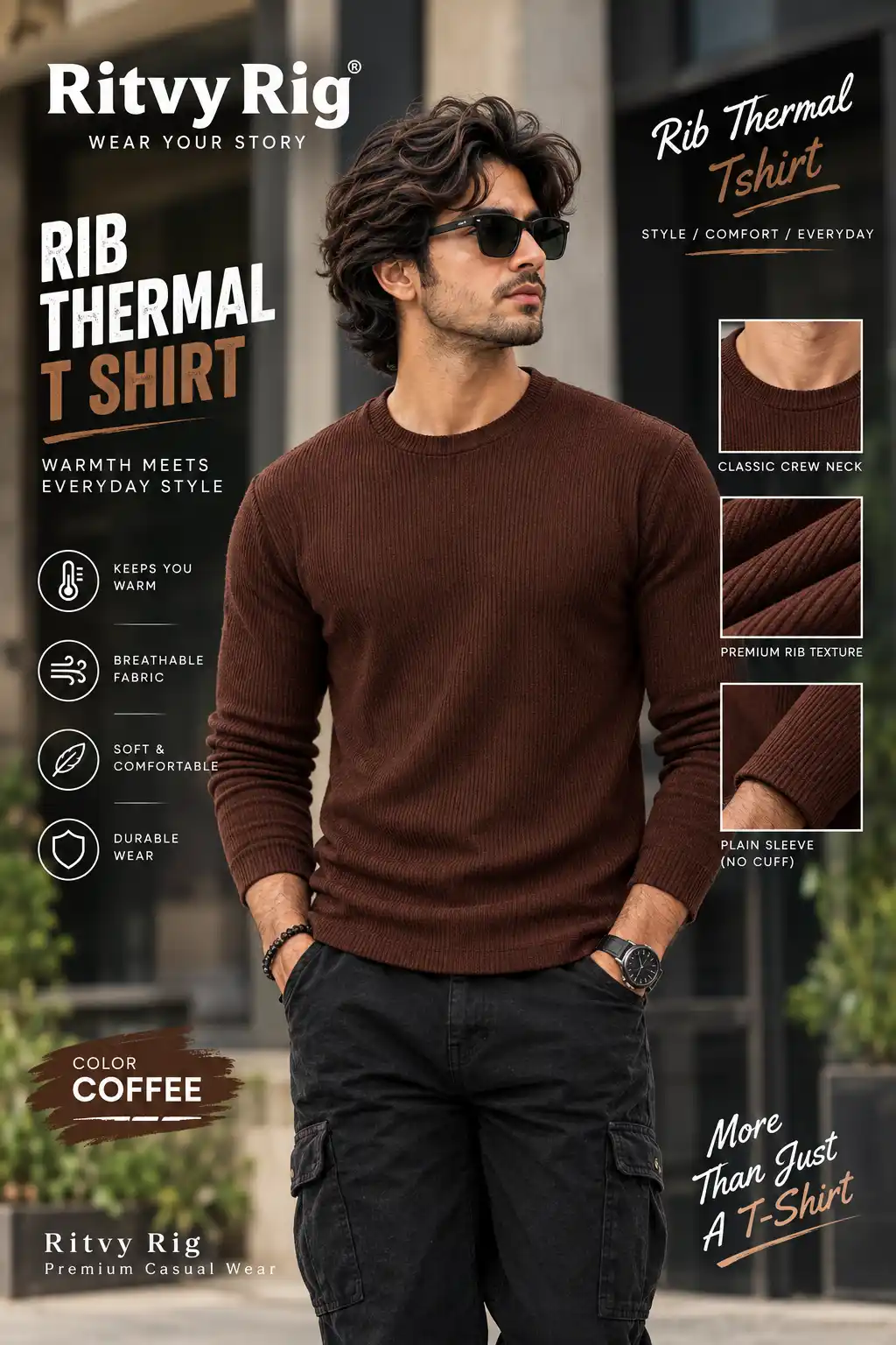 Rib Full Sleeve Tshirt- Coffee
