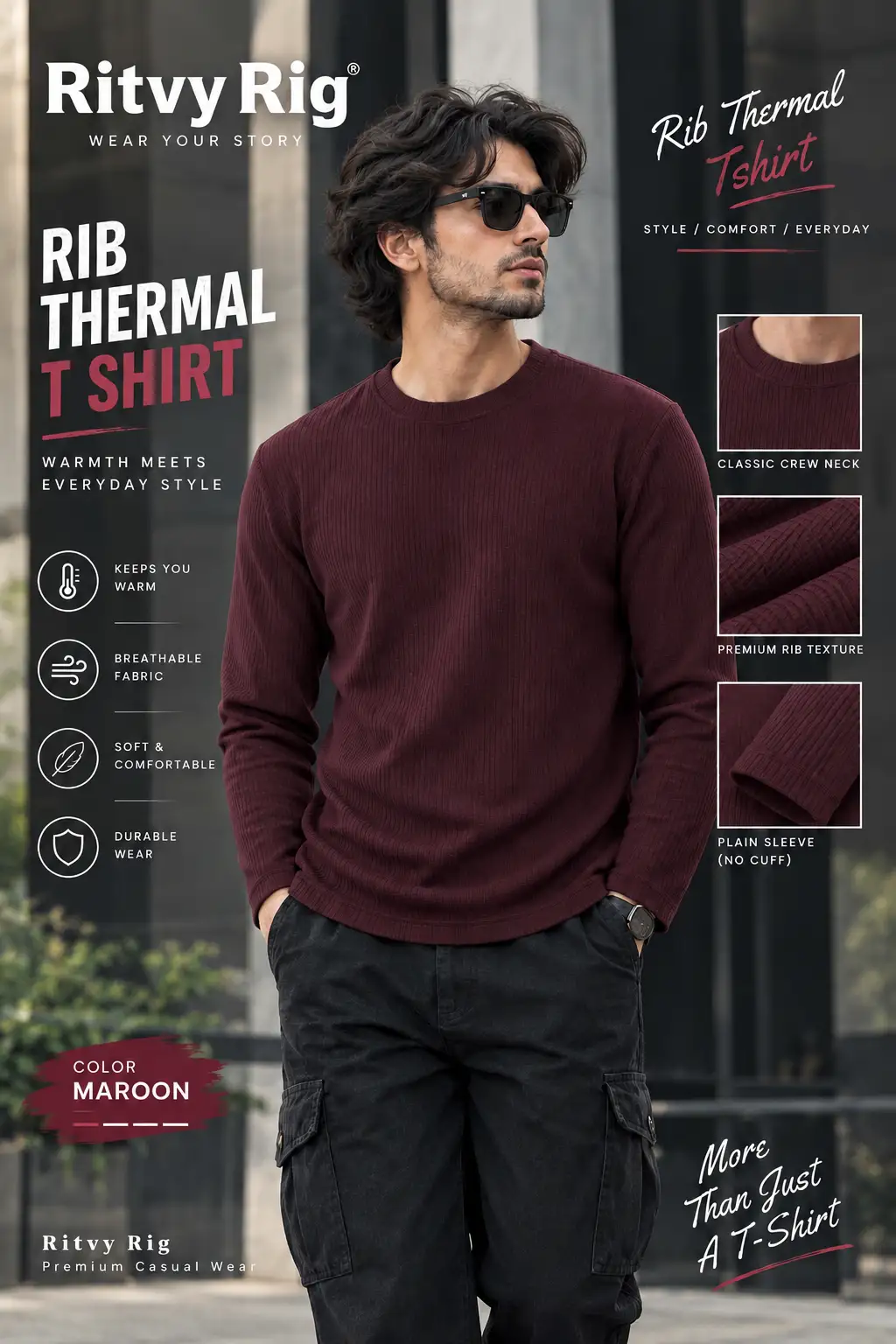 Rib Full Sleeve Tshirt- Maroon