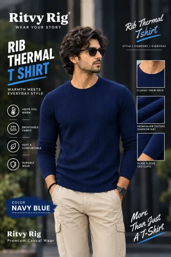 Premium Quality RIB Full Sleeve T-shirt - Navy Blue