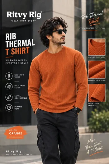 Premium Quality RIB Full Sleeve T-shirt - Orange