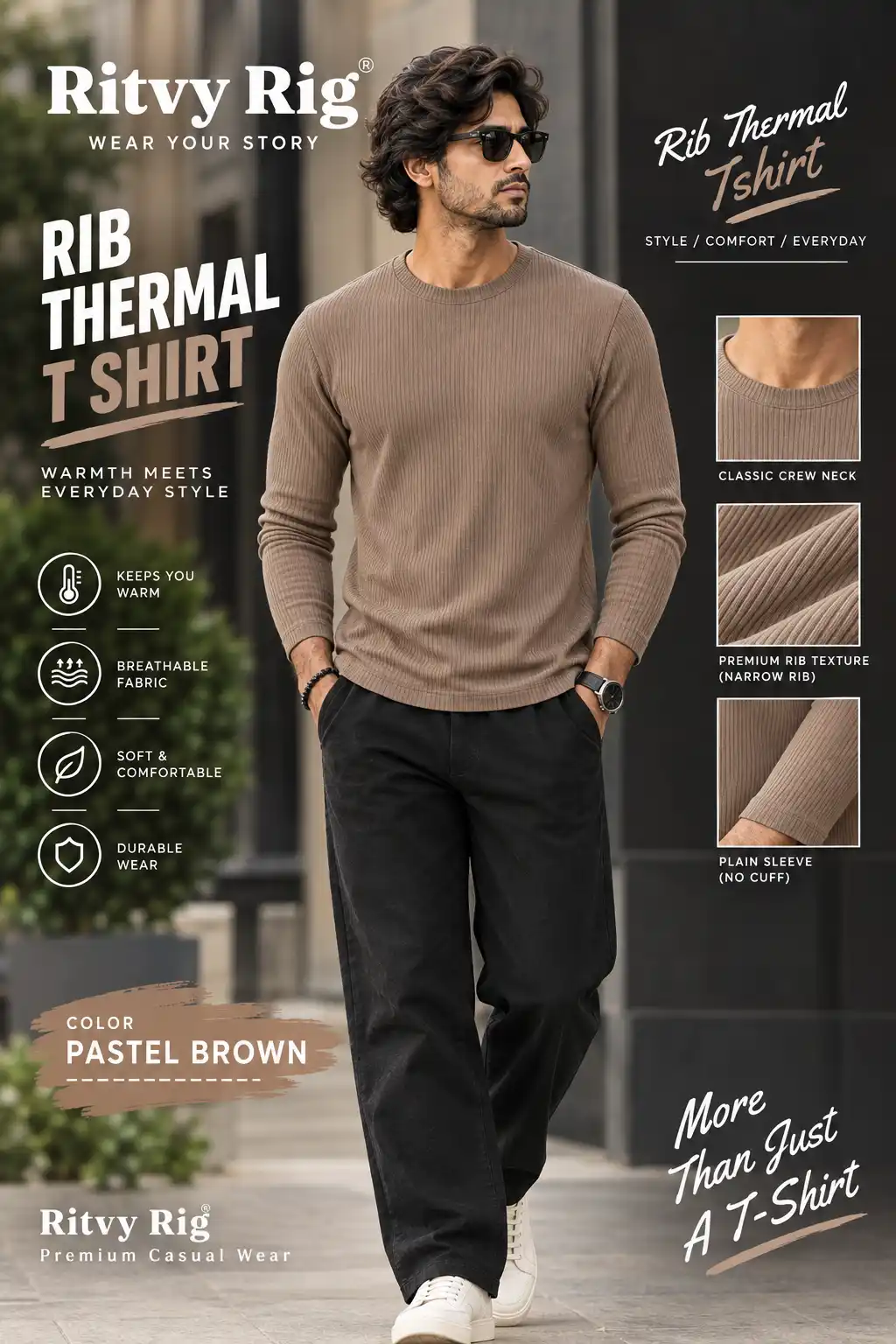 Rib Full Sleeve Tshirt- Pastel Brown