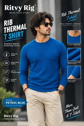 Premium Quality RIB Full Sleeve T-shirt - Petrol Blue