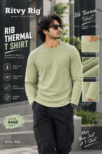 Premium Quality RIB Full Sleeve T-shirt - Sage