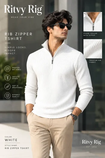 Premium Zipper Rib Thermal Tee - White
